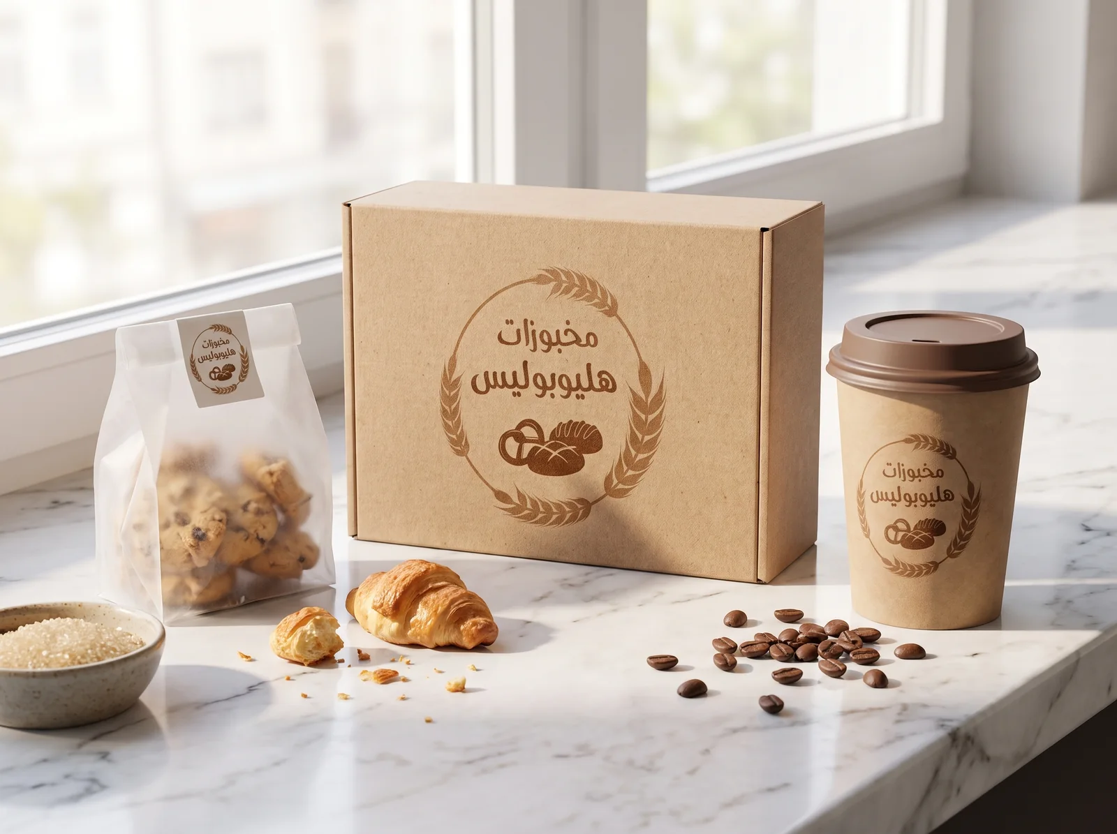 Heliopolis Baked Goods, Neighborhood bakery, Cairo: Box, cup, and bag as one kraft family
