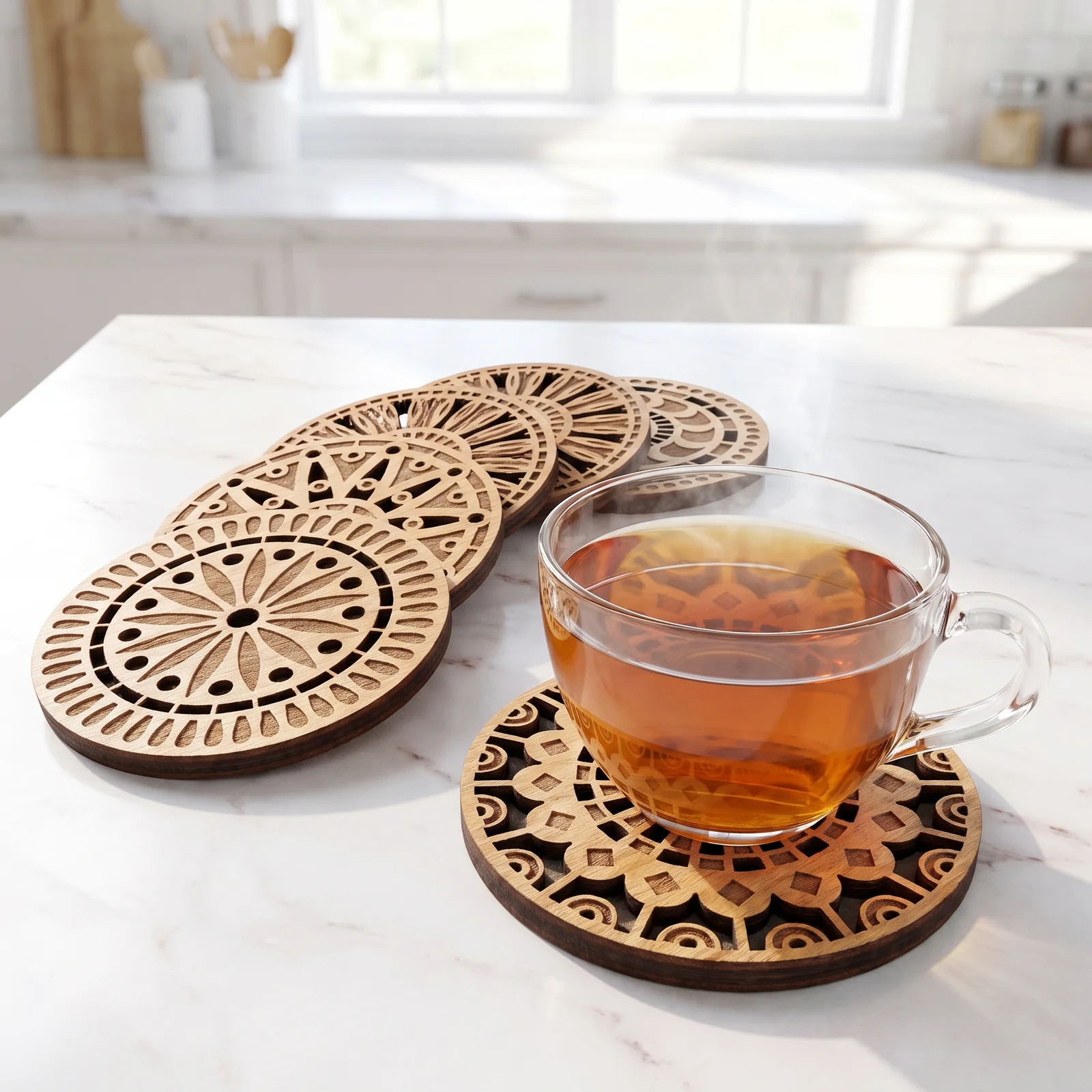 The Laser Workshop, Independent practice, Cairo: Mandala coasters on marble, tea poured