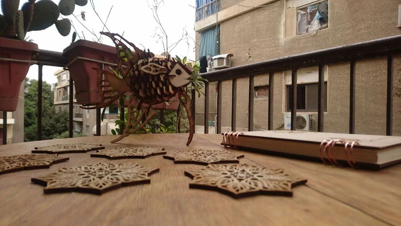 The Laser Workshop, Independent practice, Cairo: Fish puzzle, coasters, notebook. One balcony in Cairo